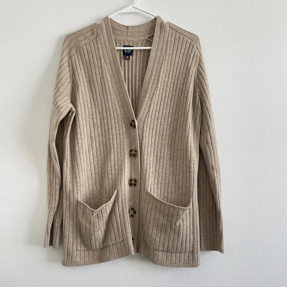 Gap Cardigan Sweater‎ Women XS  Beige Khaki Ribbed Knit Classic Academia Wool